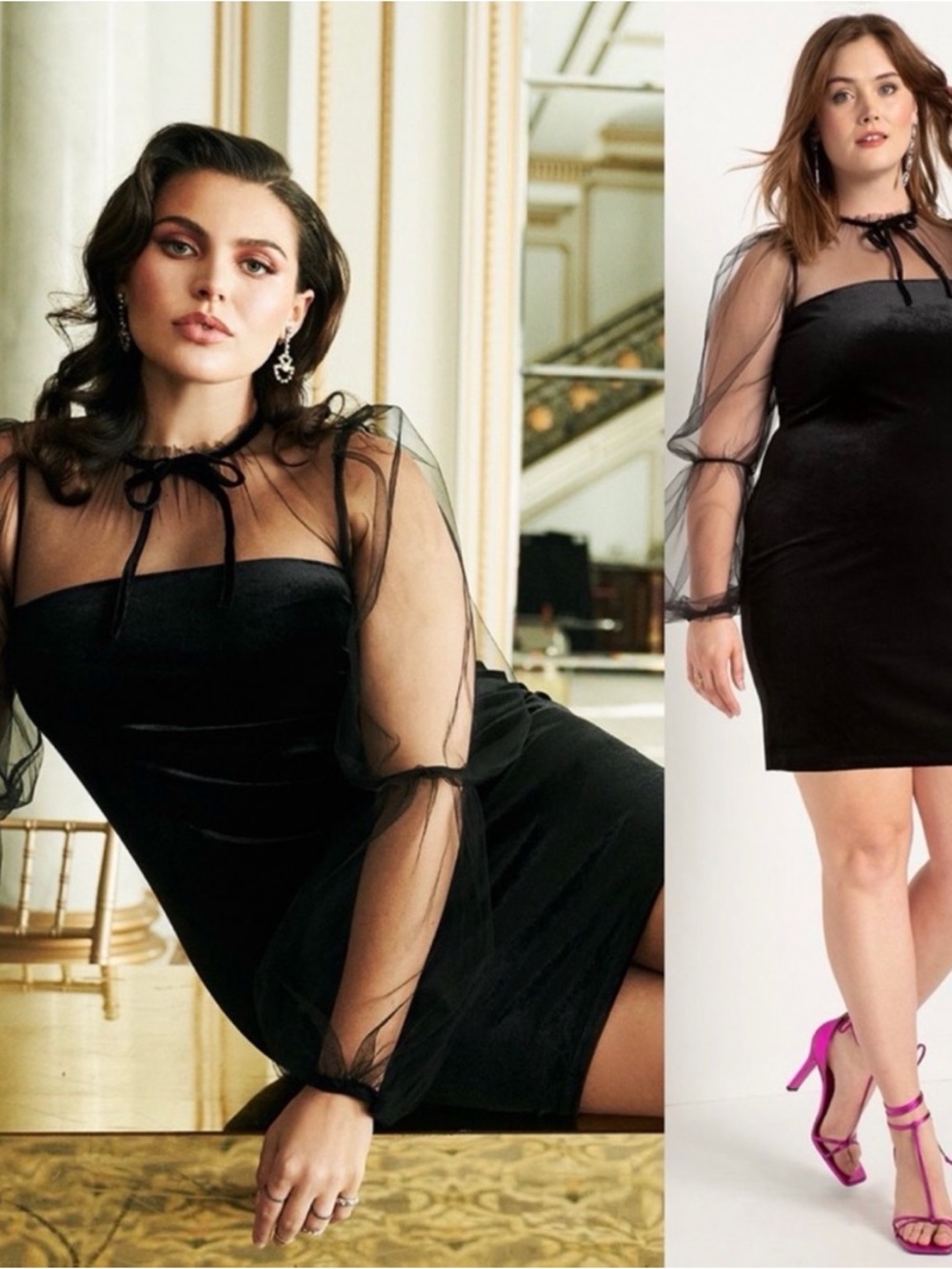Eloquii Black Velvet Sheer Sleeve Dress